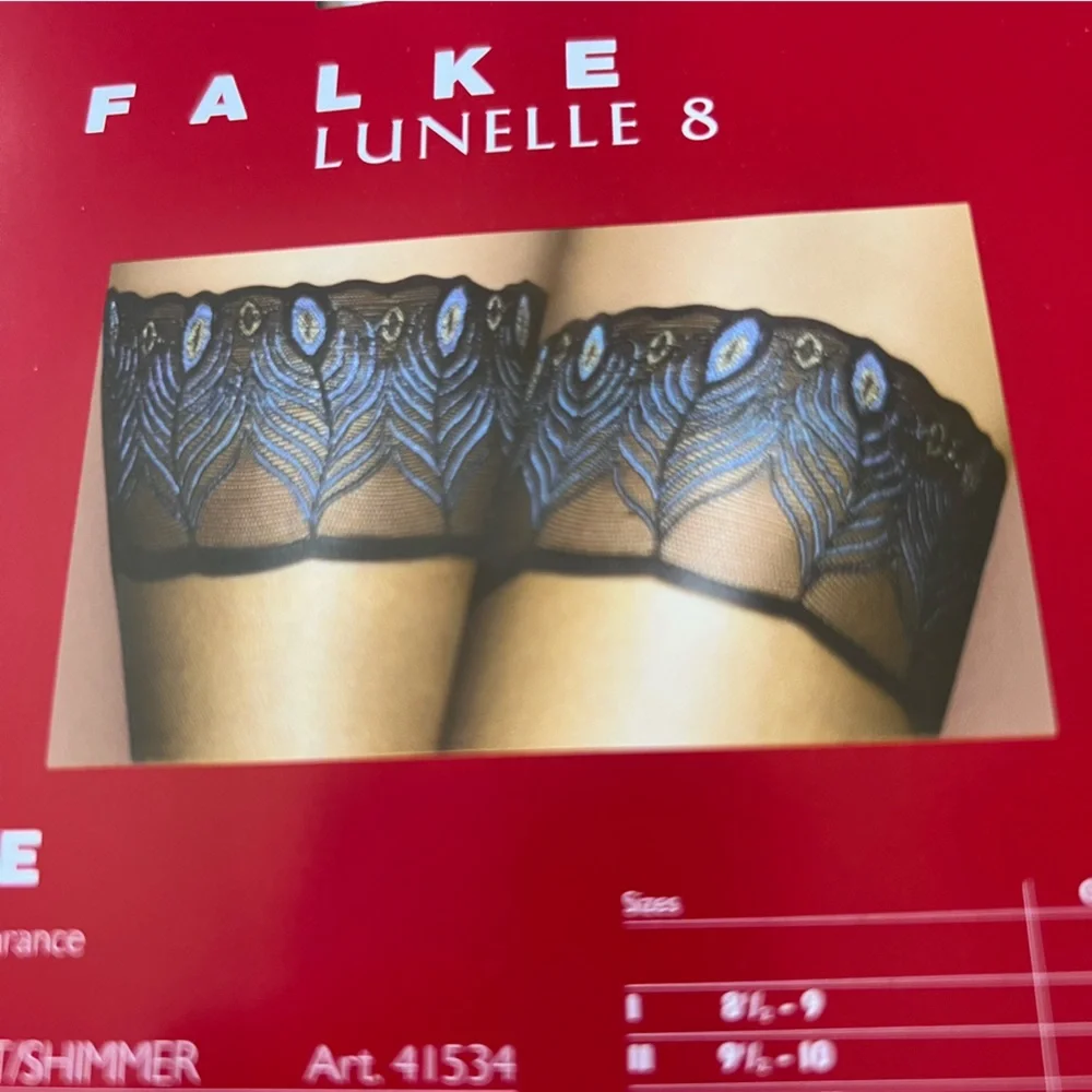 FALKE LUNELLE 8 STAY UPS THIGH HIGH  BLACK PEACOCK TOPS SIZE III - LARGE NWT